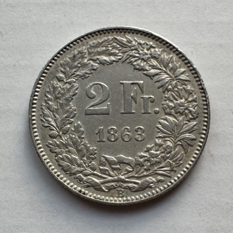 2 Franken 1863, Rückseite: Wertangabe 2 Fr. im Kranz